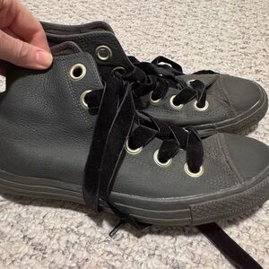 Vintage Black Leather Converse Hi-Tops with Velvet Laces